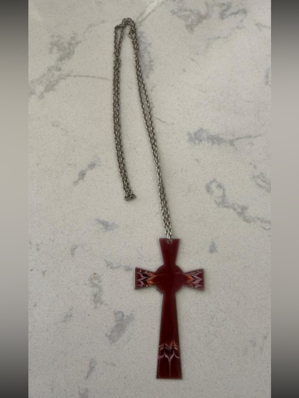 VTG Sheffield England Red Enamel Cross Pendant Necklace — 3¼" x 1¾" — 26" Chain - Picture 3 of 4